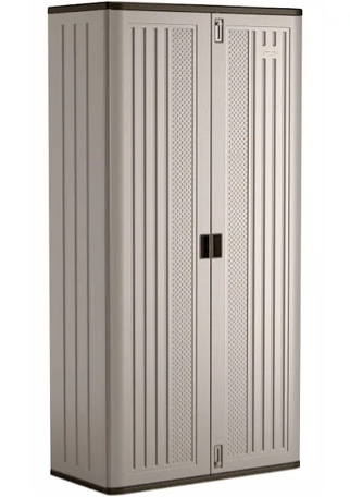 Condition photo showing New/Like New for suncast tall 72-inch platinum resin storage cabinet with durable double-wall construction, and metal-reinforced shelves for basement, utility room and garage storage, platinum