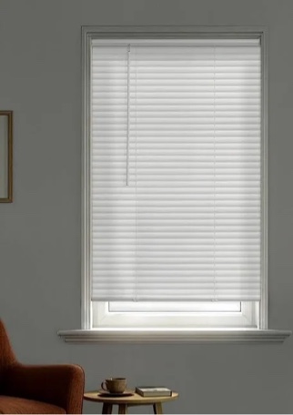 Condition photo showing New/Like New for mainstays 1  cordless room darkening vinyl horizontal mini blinds  white  34  x 48