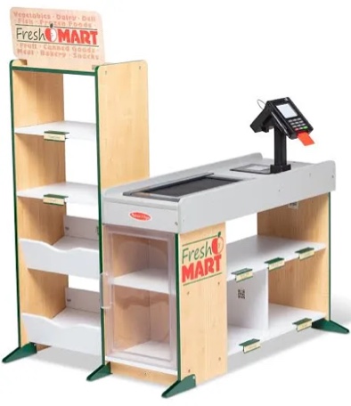 melissa & doug, fresh mart pretend grocery store, kids cash register with scanner, shelves, & conveyor belt, kids toys for girls & boys