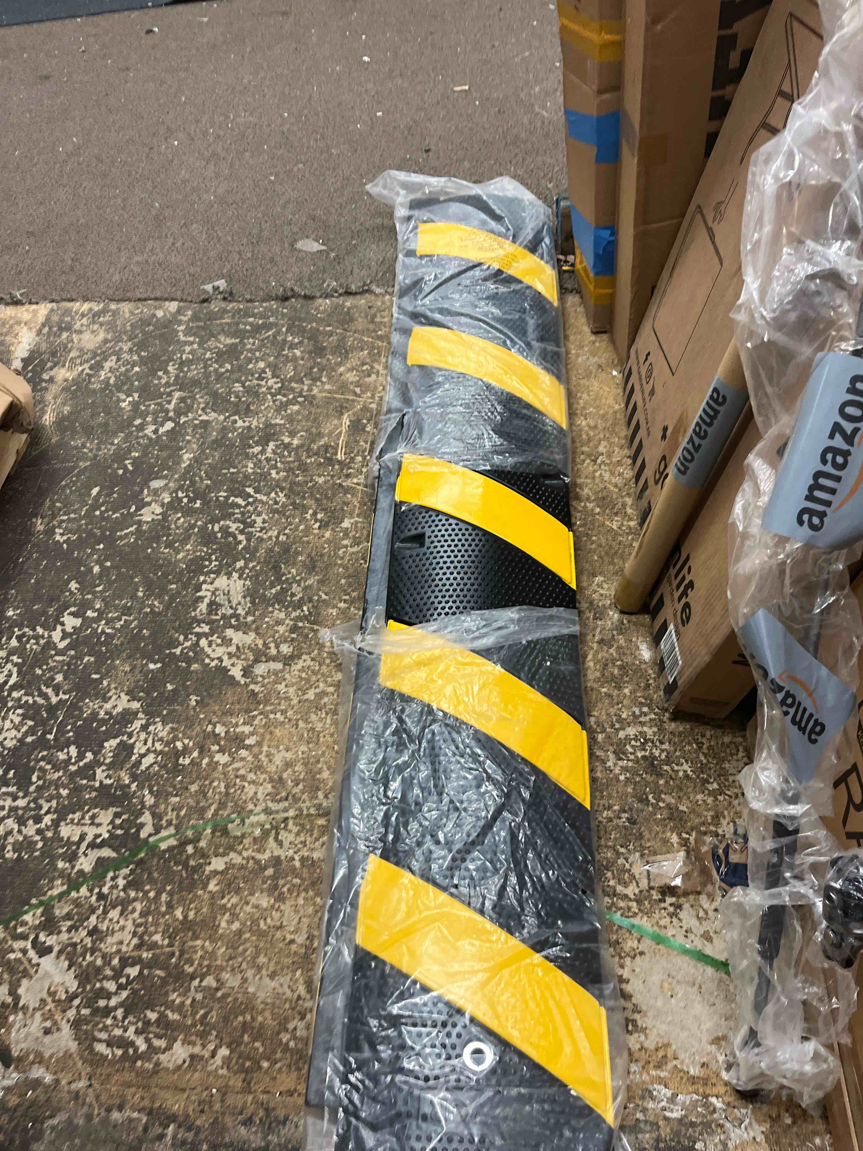 Condition photo showing New/Like New for besea rubber speed bumps for driveway, 2 pack 72" speed bump 2" high heavy duty speed humps for road & parking lot, portable speed bump with reflectors, bolts & cable channel (2pack 72 in)