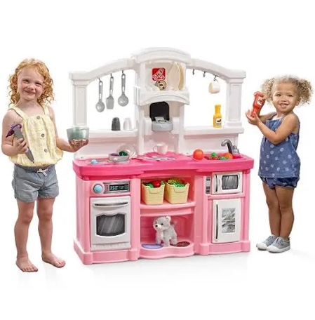 Condition photo showing New/Like New for step2 fun with friends kids kitchen, indoor/outdoor play kitchen set, toddlers 2+ years old, 25 piece kitchen toy set, easy to assemble, pink
