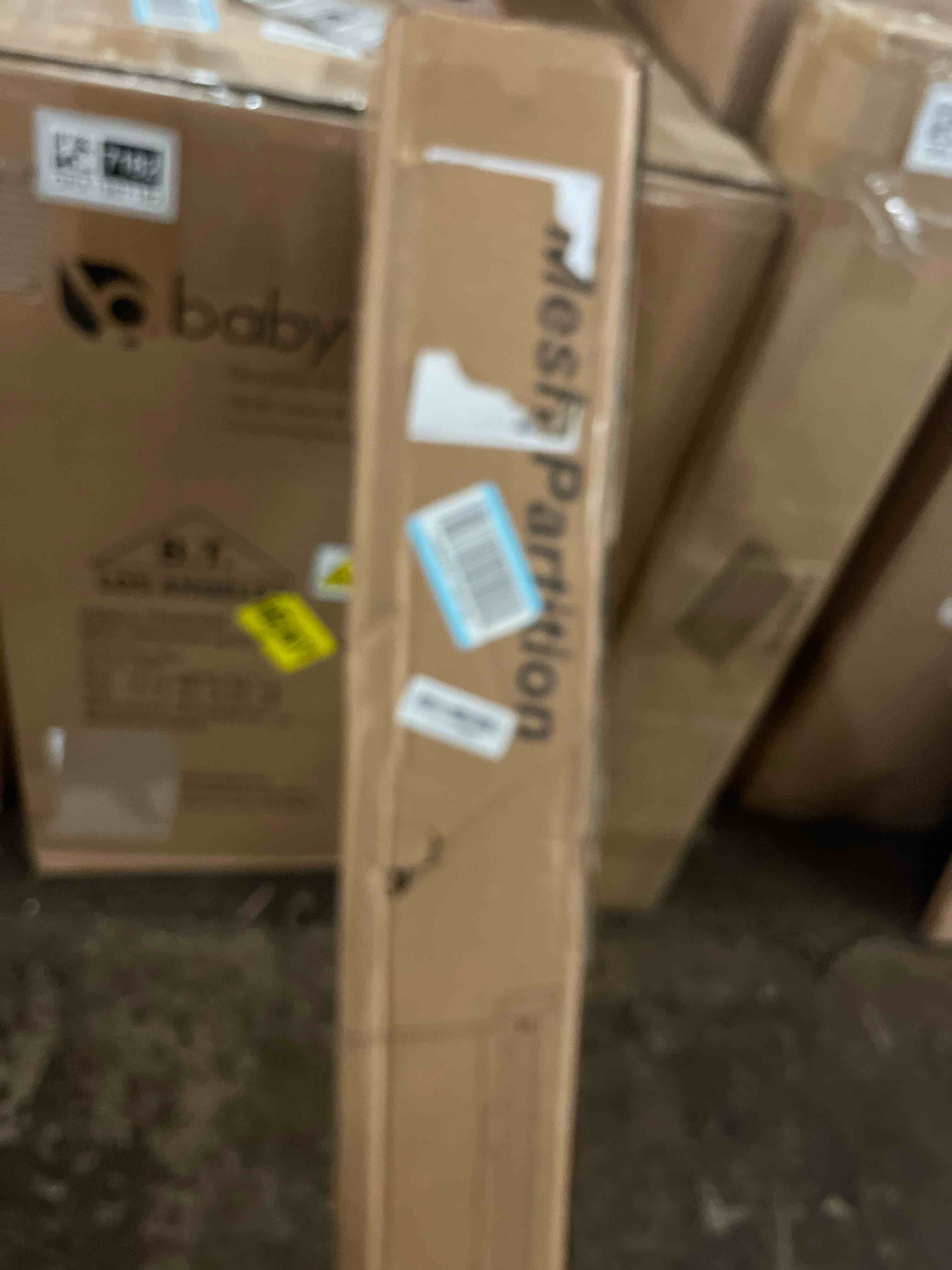 Condition photo showing New/Like New for retractable baby gate for stairs & doorways, mesh dog gate indoor outdoor, extends to 55" wide 34" tall child gate for hallways, deck, porch, pet toddler safety essentials, easy install, grey