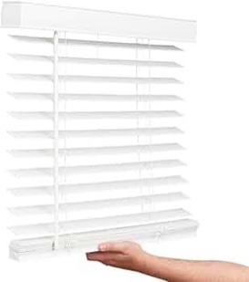 Condition photo showing New/Like New for lotus and windoware cordless faux wood blinds, 64.5" wide x 64" long, smooth, snow white, 2 inch horizontal blinds - for living room, bedroom, interior door windows
