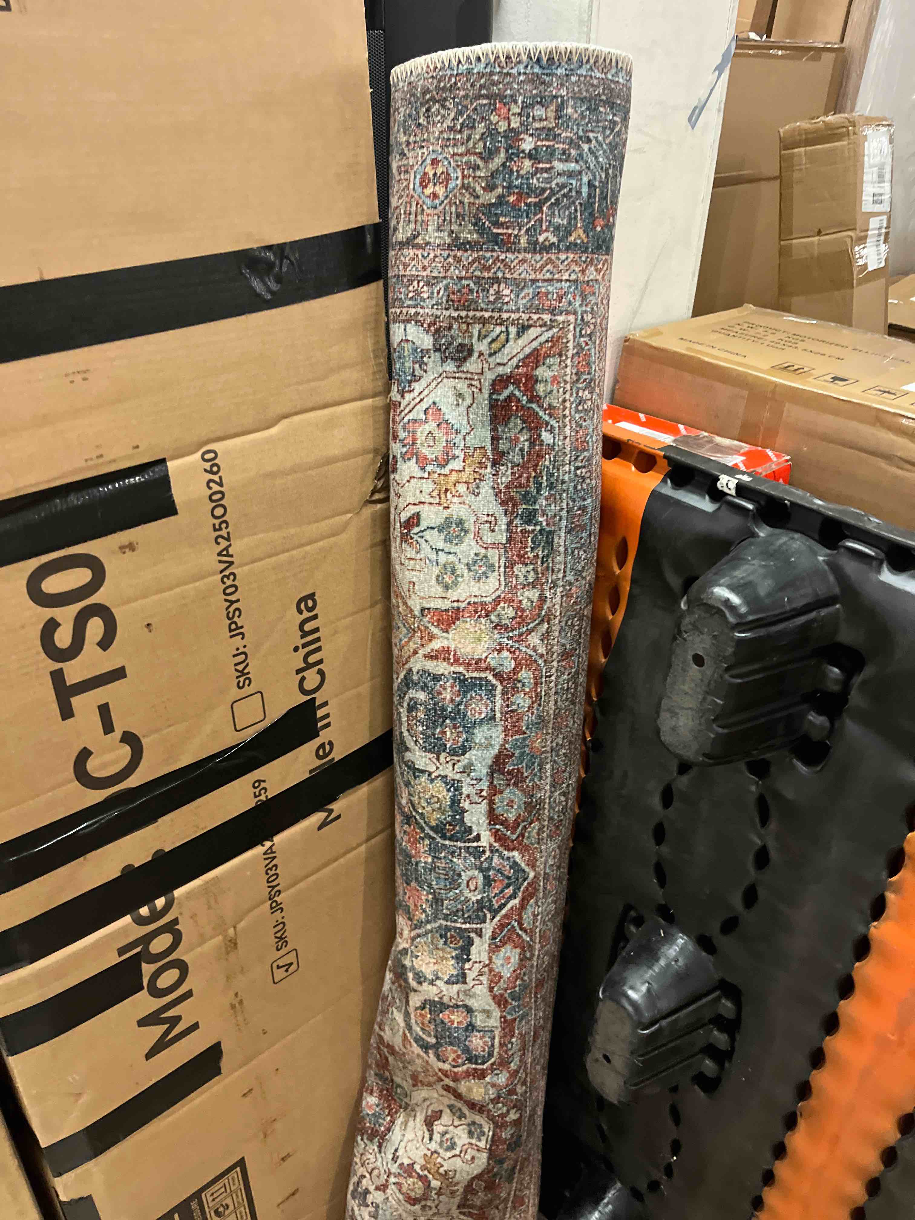 Condition photo showing Good Condition for loloi layla collection lay-02 spice/marine 3'-6" x 5'-6" .13" thick accent rug, soft, durable, vintage inspired, distressed, low pile, non-shedding, easy clean, printed, living room rug