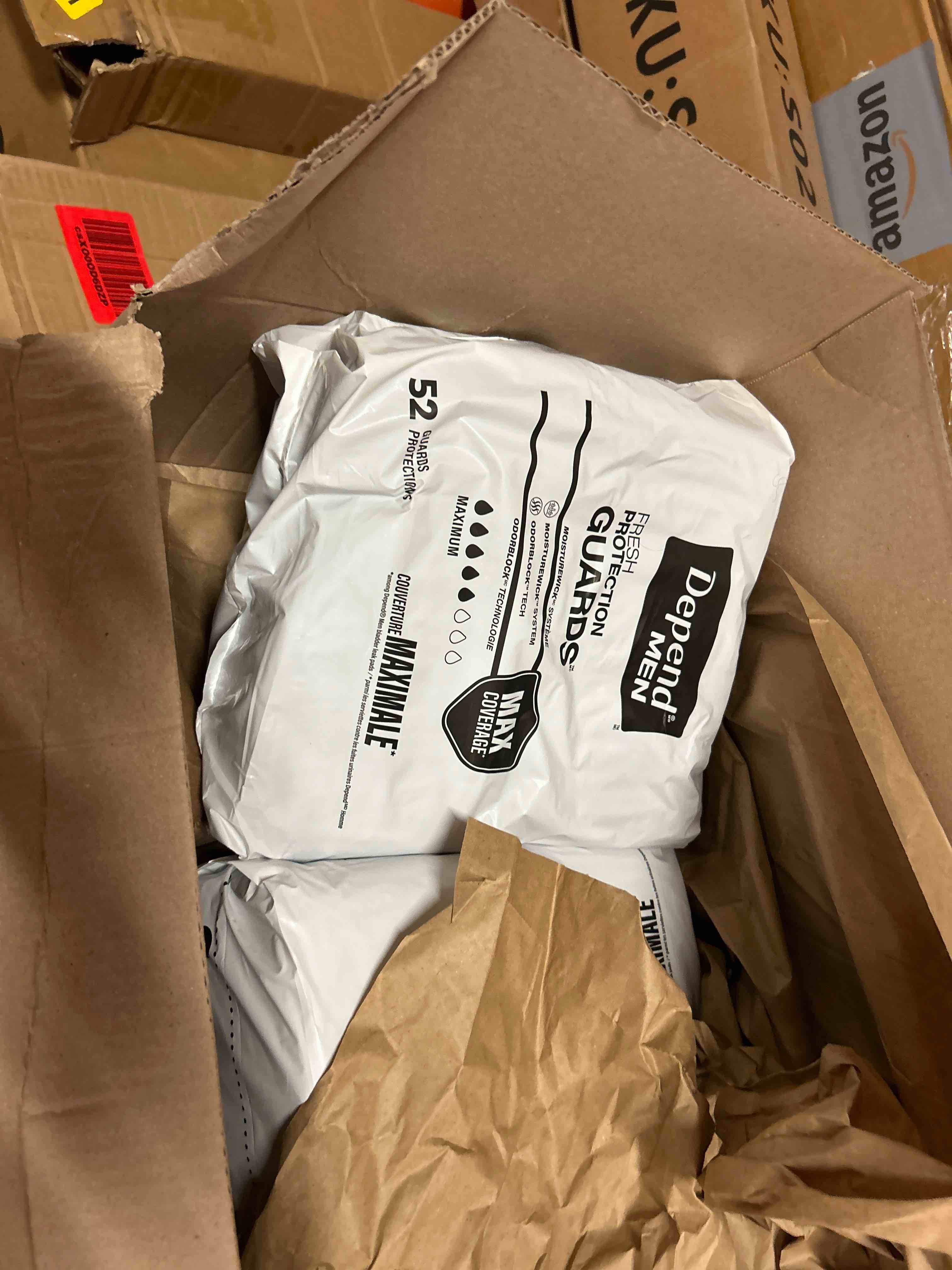 Condition photo showing New/Like New for depend guards incontinence pads for men, maximum absorbency, 104 count, packaging may vary