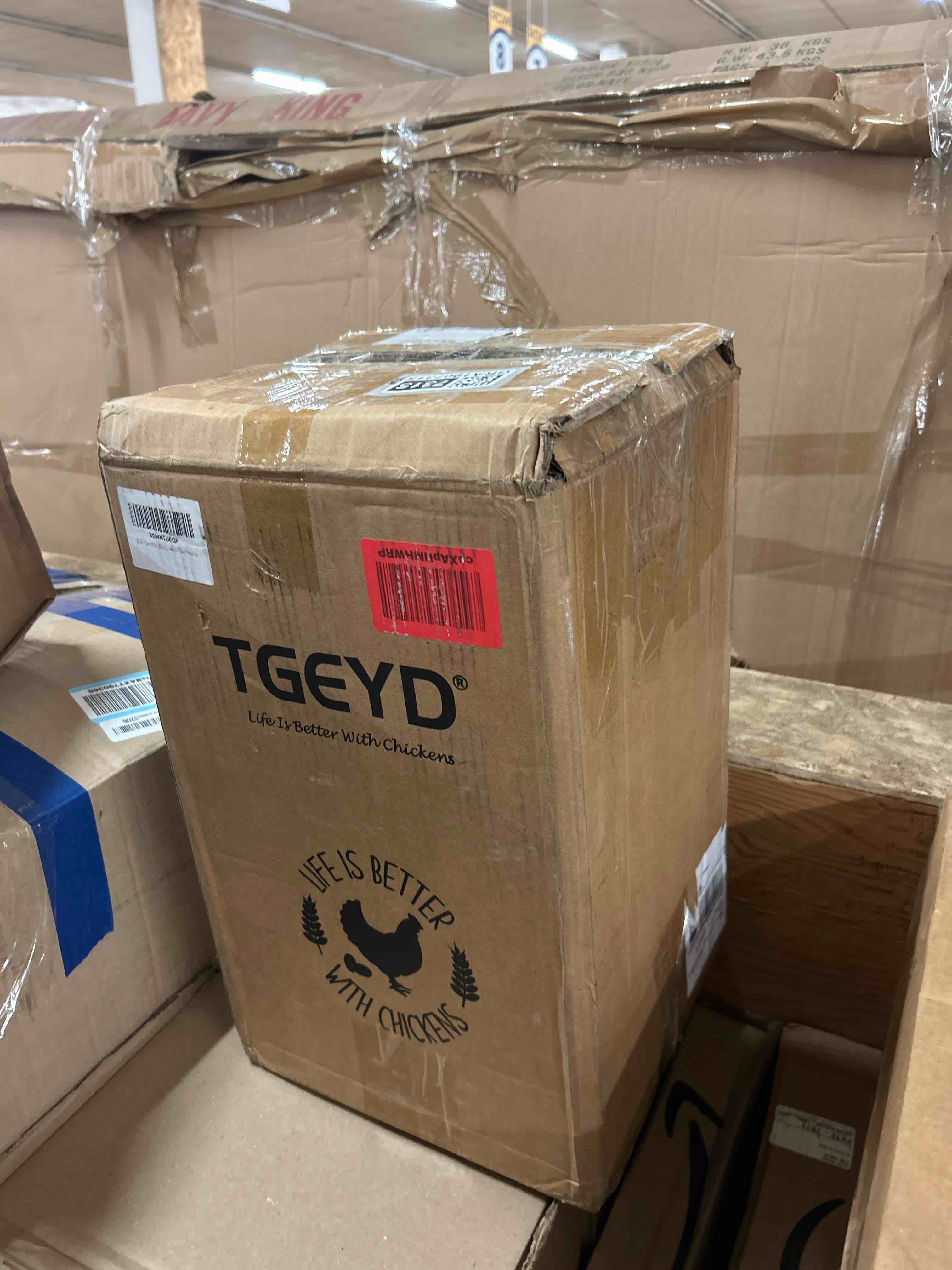 Condition photo showing New/Like New for tgeyd 5gal/25lb large chicken feeder and waterer set (rain proof/no waste), with s-hooks for easy hanging