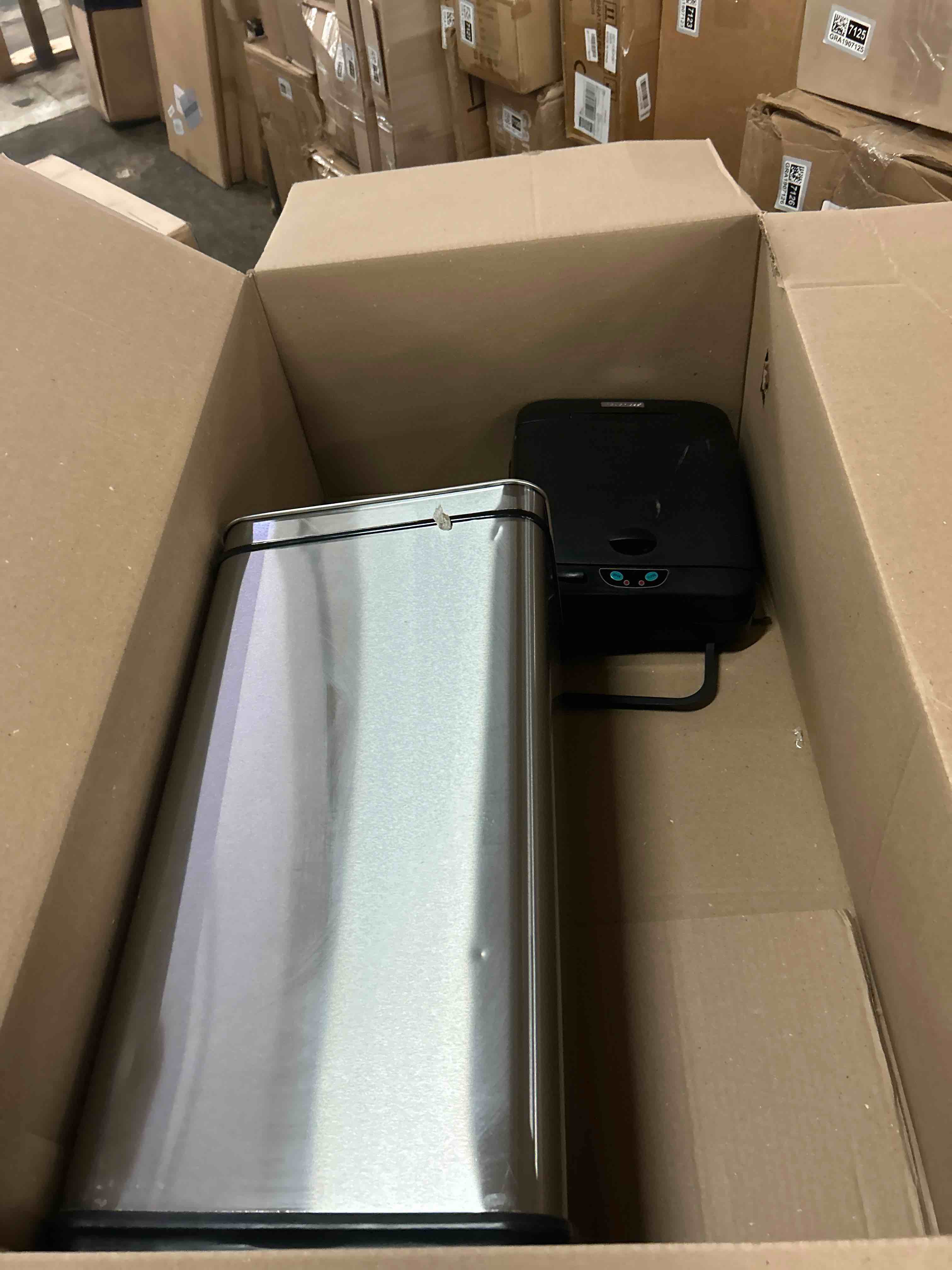 Condition photo showing New/Like New for itouchless 13 gallon patented sensor trash can with lid & odor filter, original inventor 50l automatic kitchen garbage bin, fingerprint-proof stainless steel, pet-proof lock, soft-close, silver
