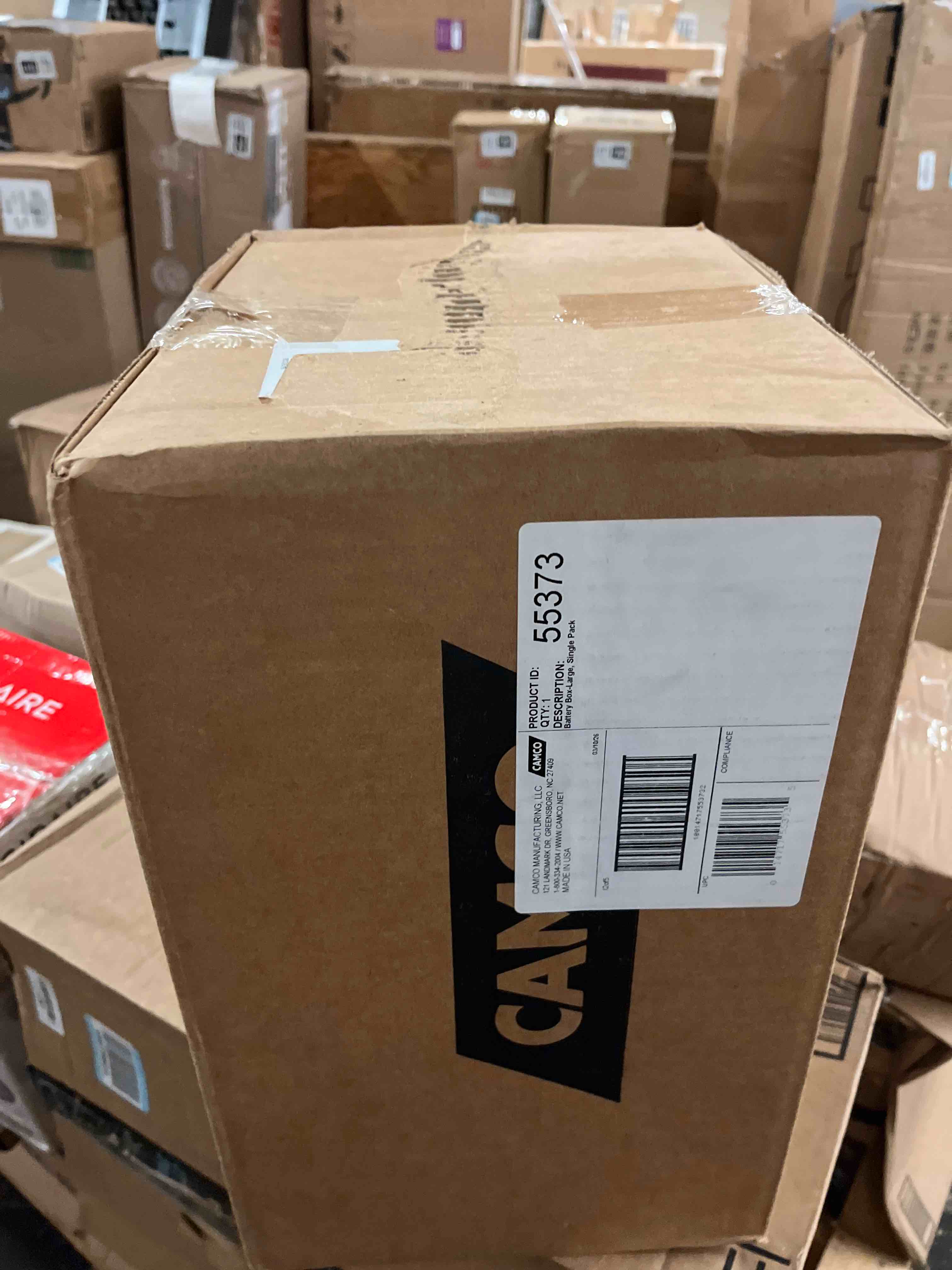 Condition photo showing New/Like New for camco large camper/rv battery box with straps and hardware - group 27 30 31 |safely stores rv automotive and marine batteries | measures inside 7-1/4 x 13-1/4 x 8-5/8 | (55373)