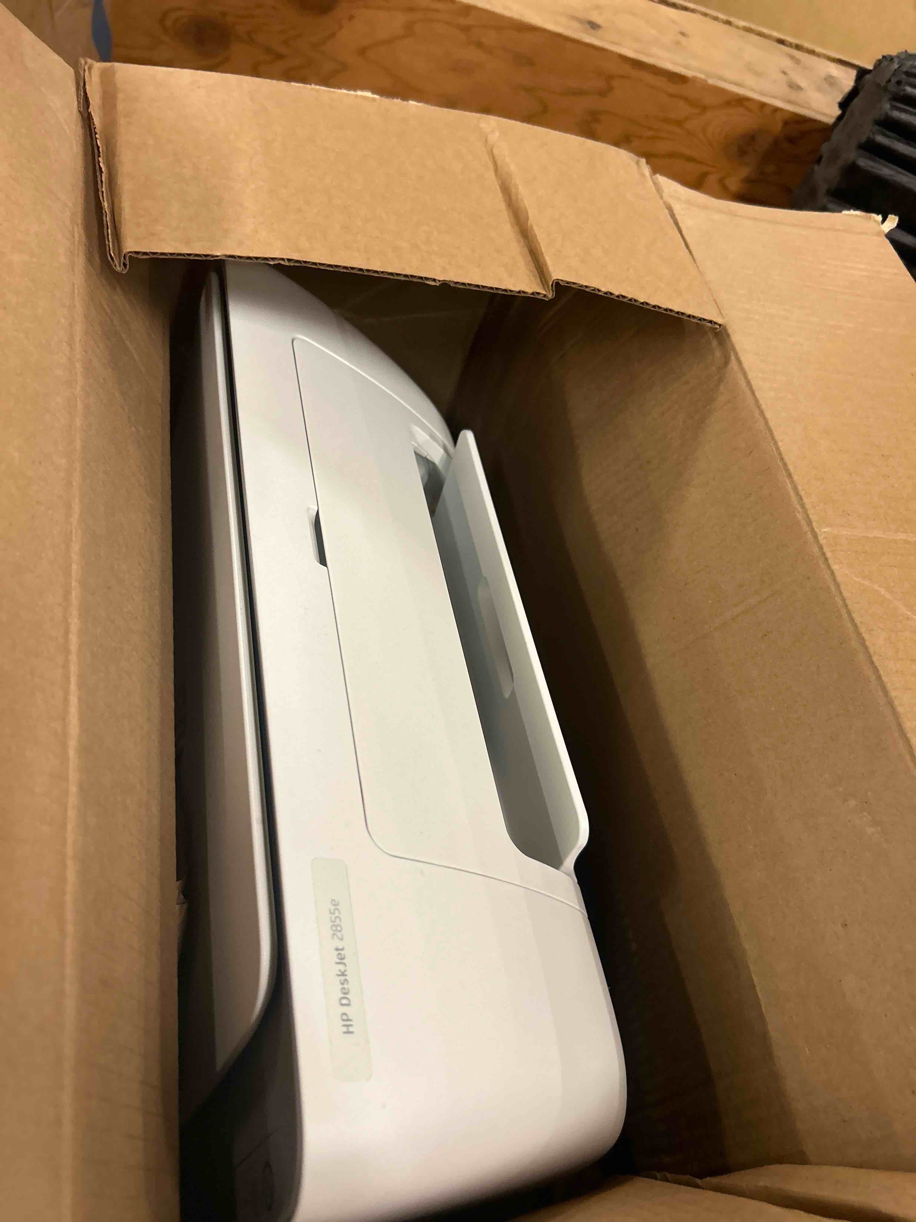Condition photo showing New/Like New for hp deskjet 2855e wireless all-in-one color inkjet printer, scanner, copier, best-for-home, 3 month instant ink trial included. this printer is only 2.4 ghz capable. (588s5a)