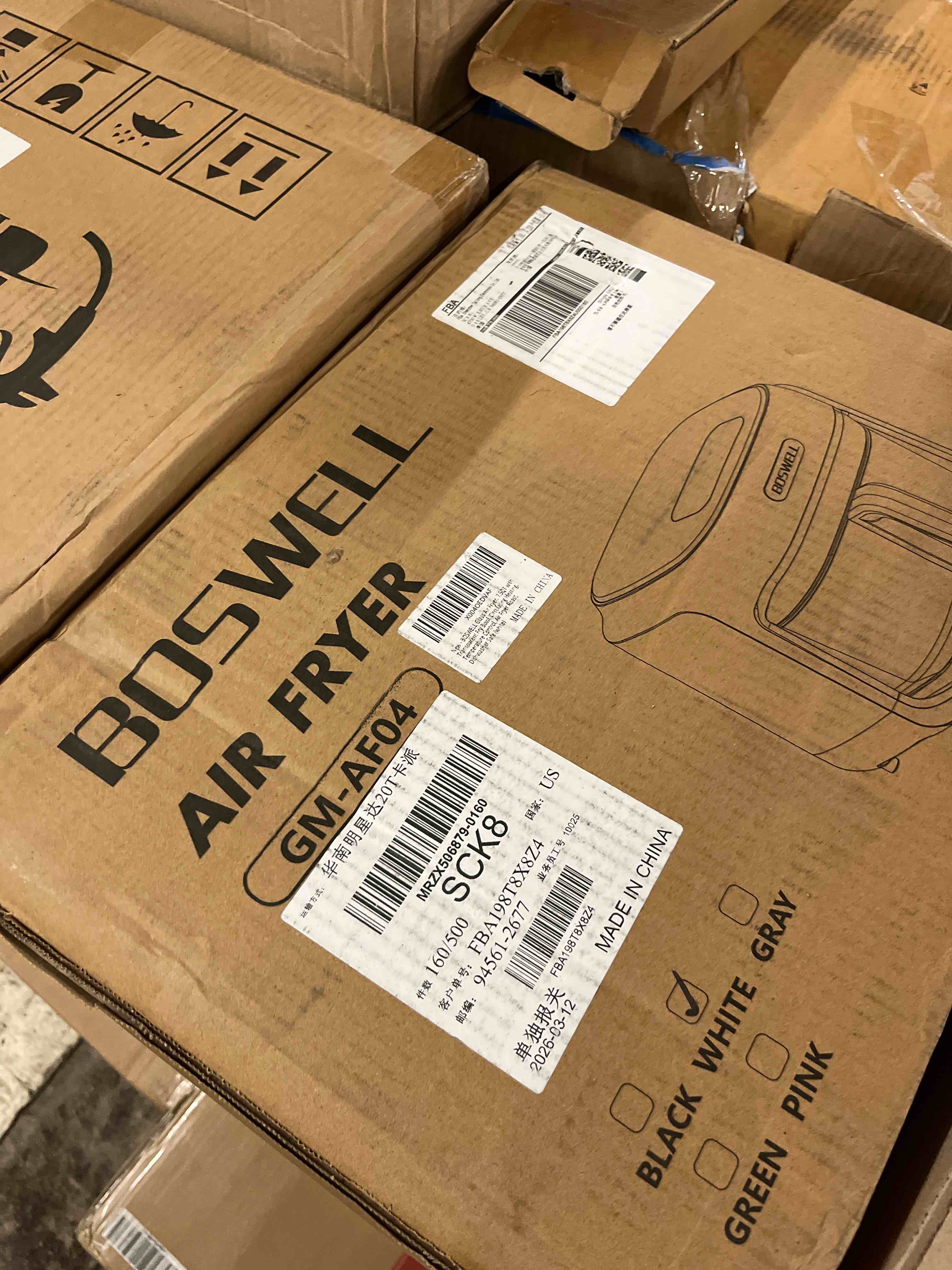 Condition photo showing New/Like New for boswell glass air fryer, 7.5qt with transparent fry bowl, circulating heating, temperature control, air fryer roast, dishwasher safe (white)