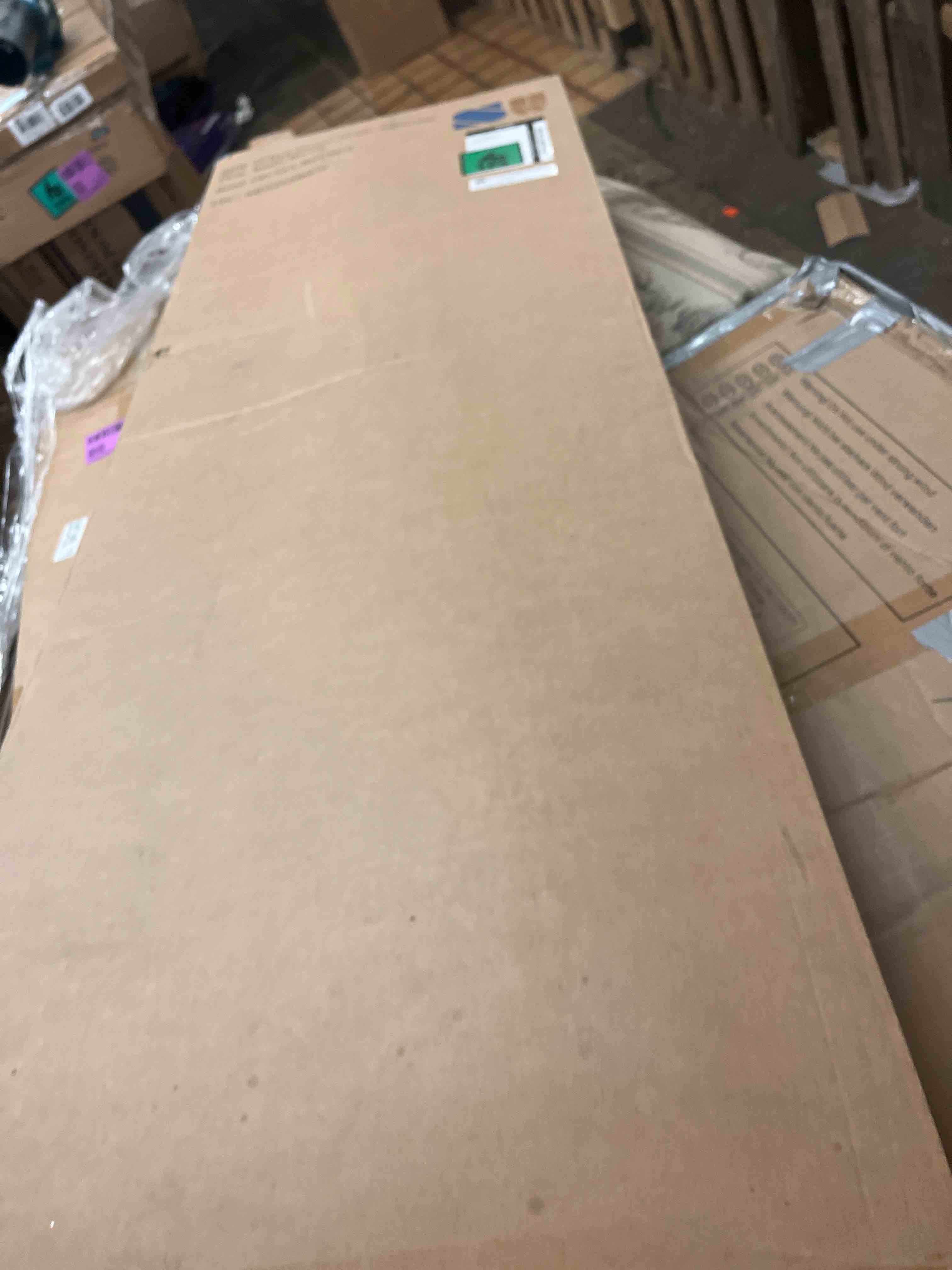 Condition photo showing New/Like New for shw 55-inch large electric height adjustable standing desk, 55 x 28 inches, rustic brown