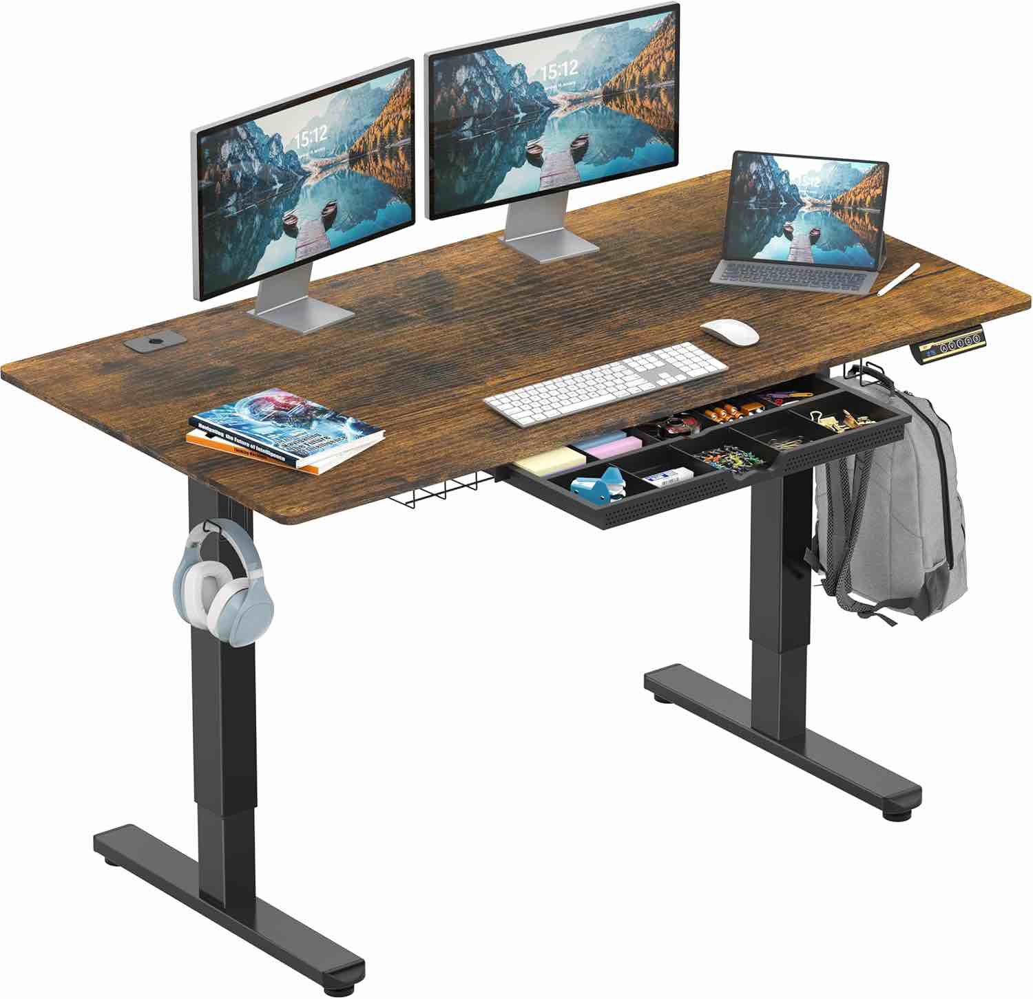 shw 55-inch large electric height adjustable standing desk, 55 x 28 inches, rustic brown