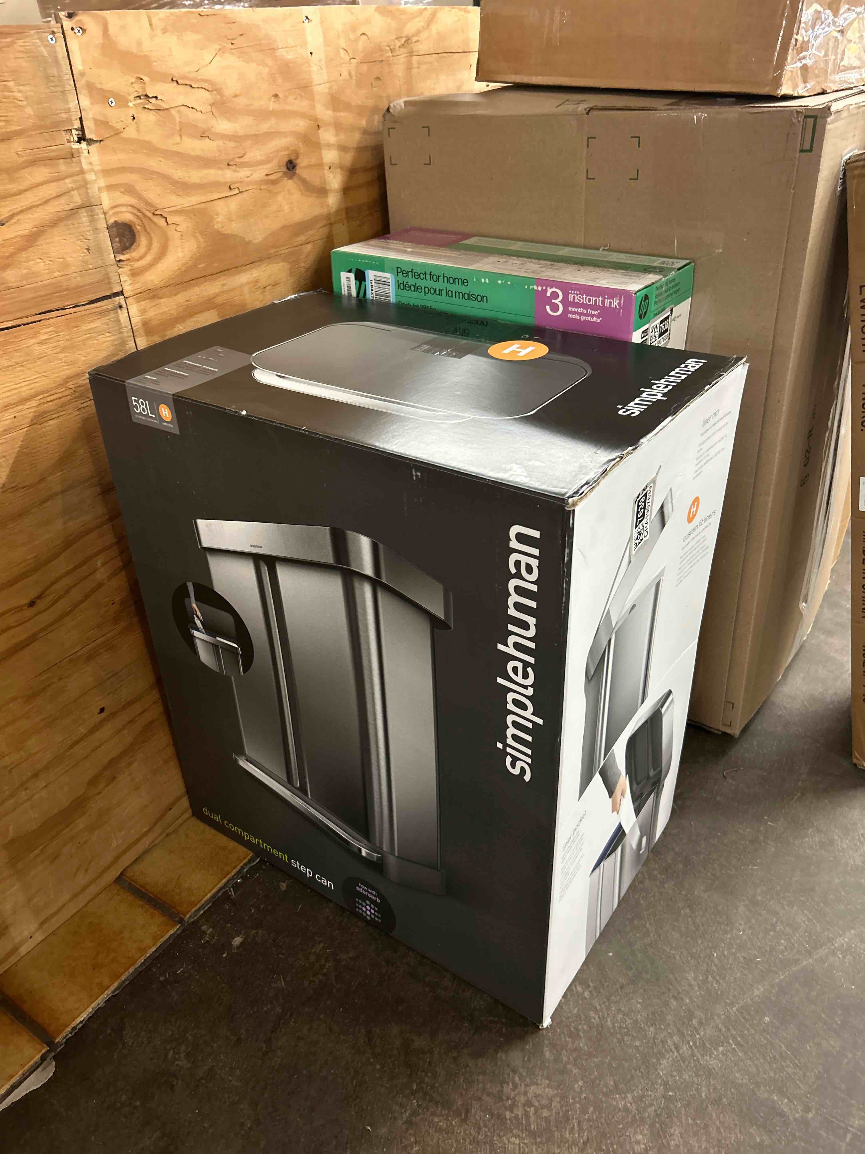 Condition photo showing New/Like New for simplehuman 58 liter / 15.3 gallon rectangular dual compartment recycling step, brushed stainless steel with soft-close plastic lid kitchen trash can