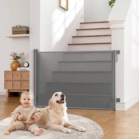 Condition photo showing New/Like New for babepai retractable baby gates extra wide | 55" wide x 38" tall dog gates for stairs | indoor/outdoor use | child gates for doorways, deck, porch, hallways, patio - gray