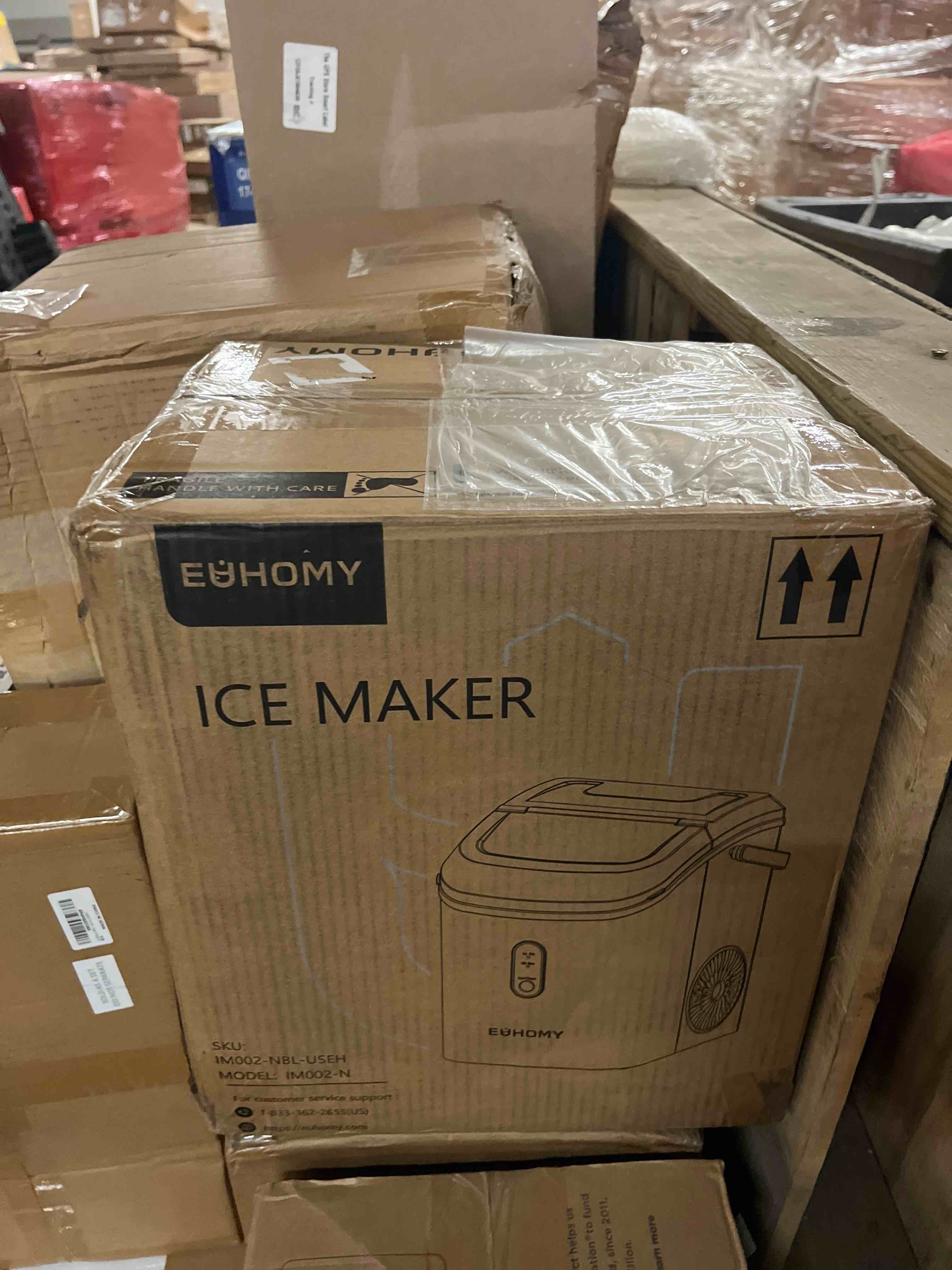 Condition photo showing New/Like New for euhomy nugget ice maker countertop with handle, ready in 6 mins, 34lbs per day, removable top cover, auto-cleaning, portable sonic ice maker with basket and scoop, for home/party/rv/camping (black)