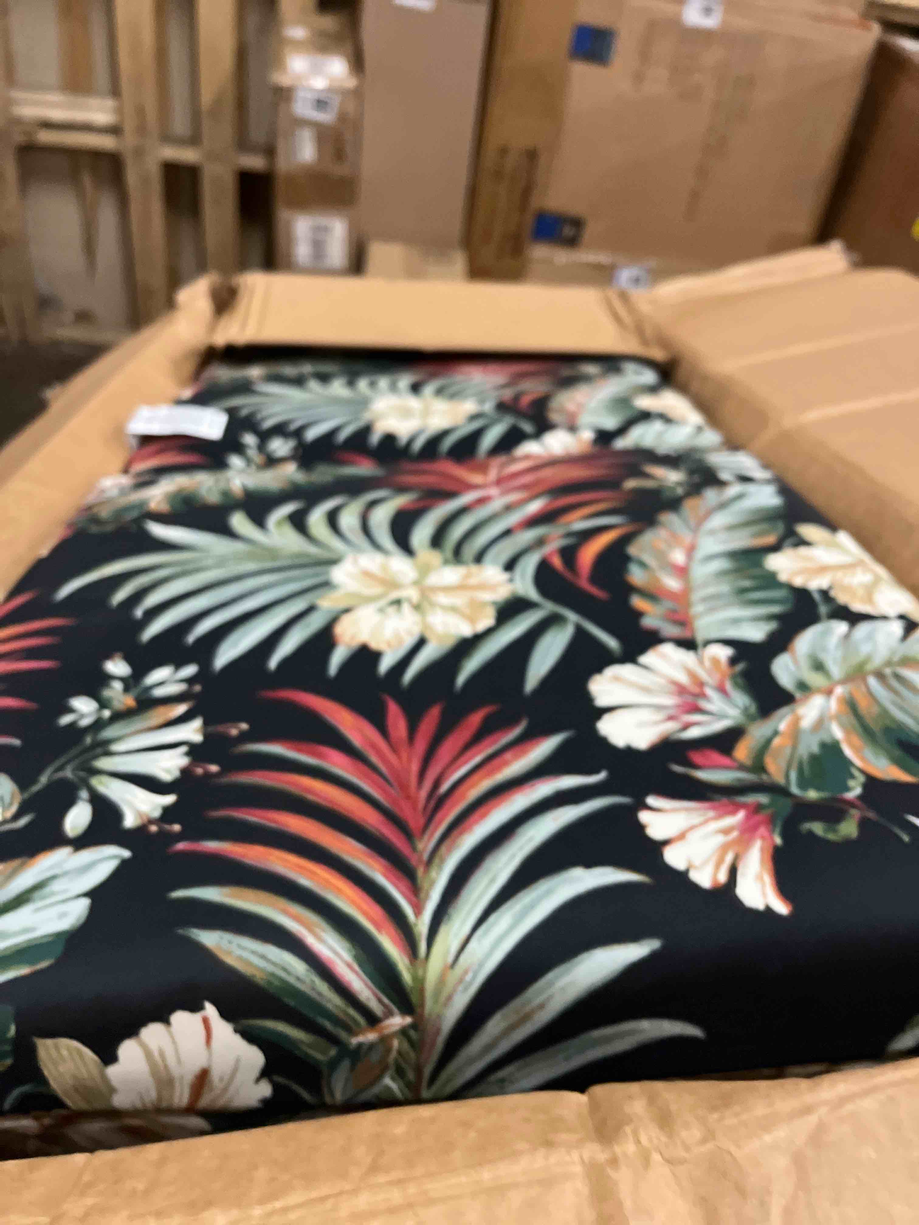 Condition photo showing Good Condition for arden outdoor loveseat cushion set, 48 x 24, rain-proof, fade resistant, cushion set for couch, bench, and swing simone black tropical