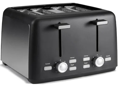 Condition photo showing New/Like New for amazon basics 4 slice toaster, with 7 browning settings, extra wide slots for bagels and special breads, removable easy-to-clean crumb trays, cancel/defrost/bagel buttons, 1500w, black & silver