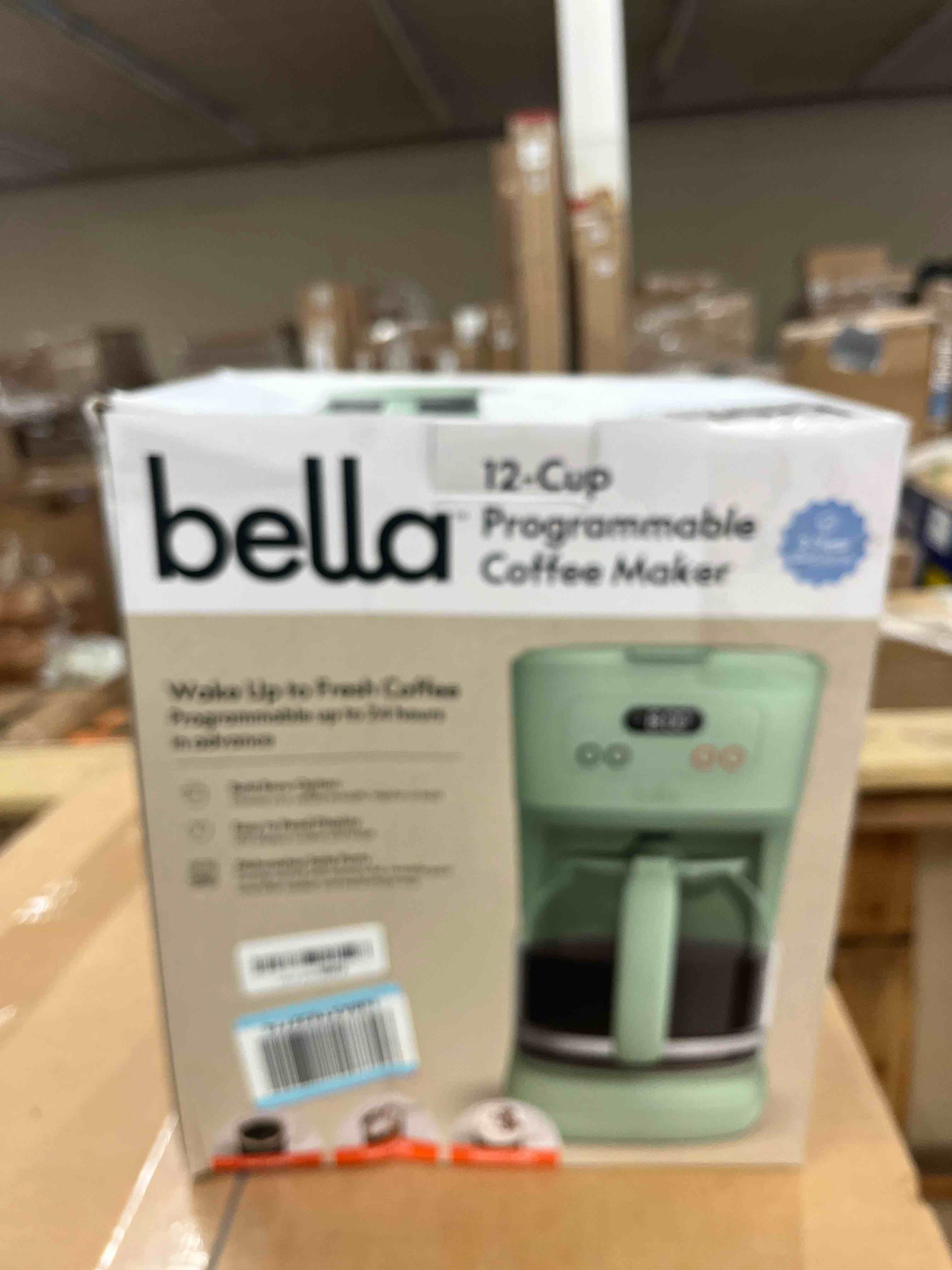 Condition photo showing Good Condition for bella 12 cup programmable coffee maker, reusable dishwasher safe accessories, easy lcd display, auto shutoff, 900 watt, seaglass