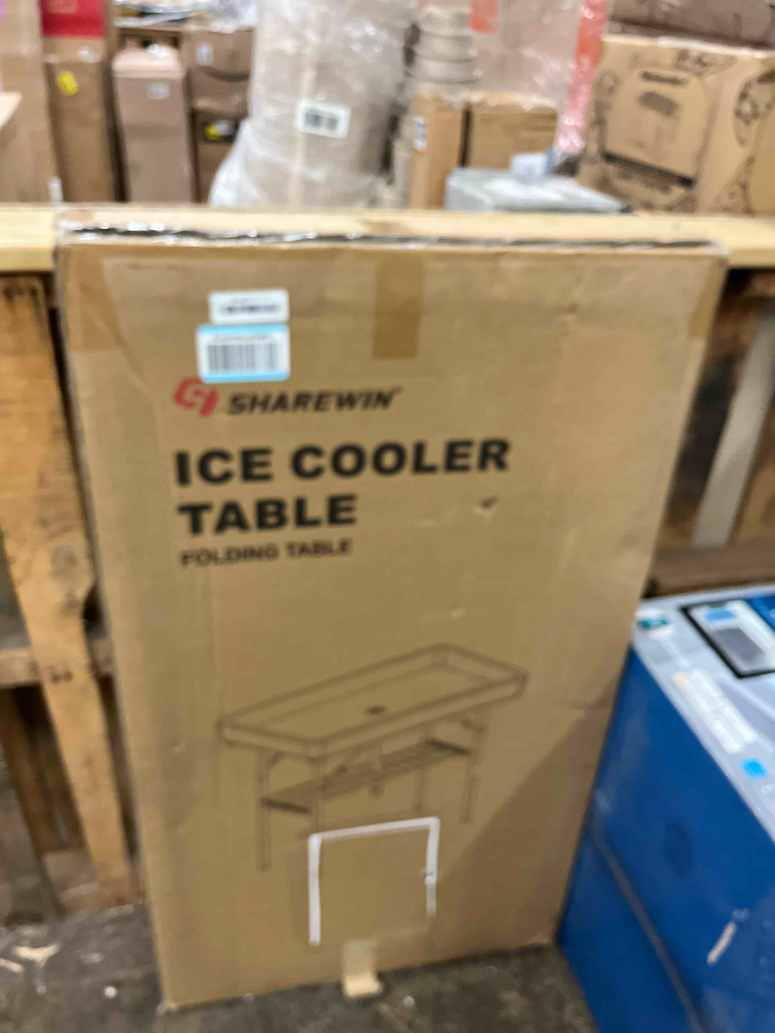 Condition photo showing New/Like New for party outdoor cooler table, black skirt &drain hose plastic chill table to keep drinks cool, portable foldable self-serving beverage ice cooler bar for wedding, picnics, barbecues, fishing