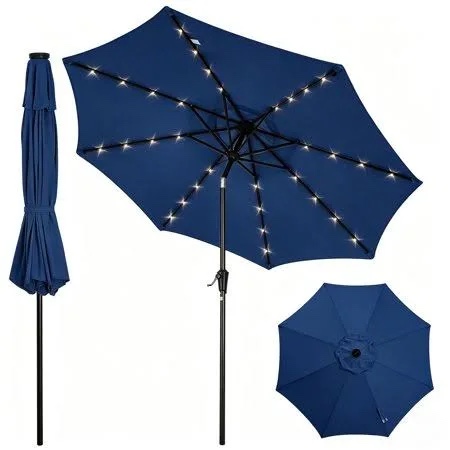 kingdura 9ft outdoor patio umbrella with solar lights, market table umbrella with push button tilt & crank, 8 sturdy ribs, 32 led lights, uv protection for garden lawn deck backyard pool (navy blue)