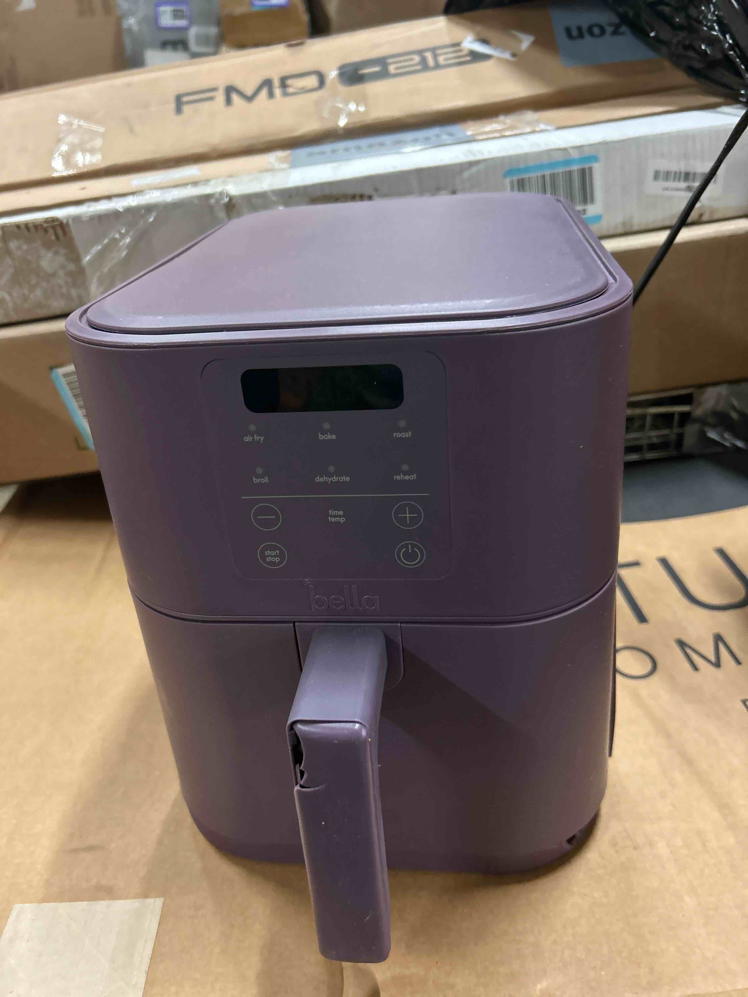 Condition photo showing As Is for bella 4qt slim air fryer, fits-anywhere™ kitchenware, evergood™ ceramic nonstick coating, adjustable temperature, 6 preset cooking options, 60 min auto shutoff w audible tone, 3.3lb capacity, plum