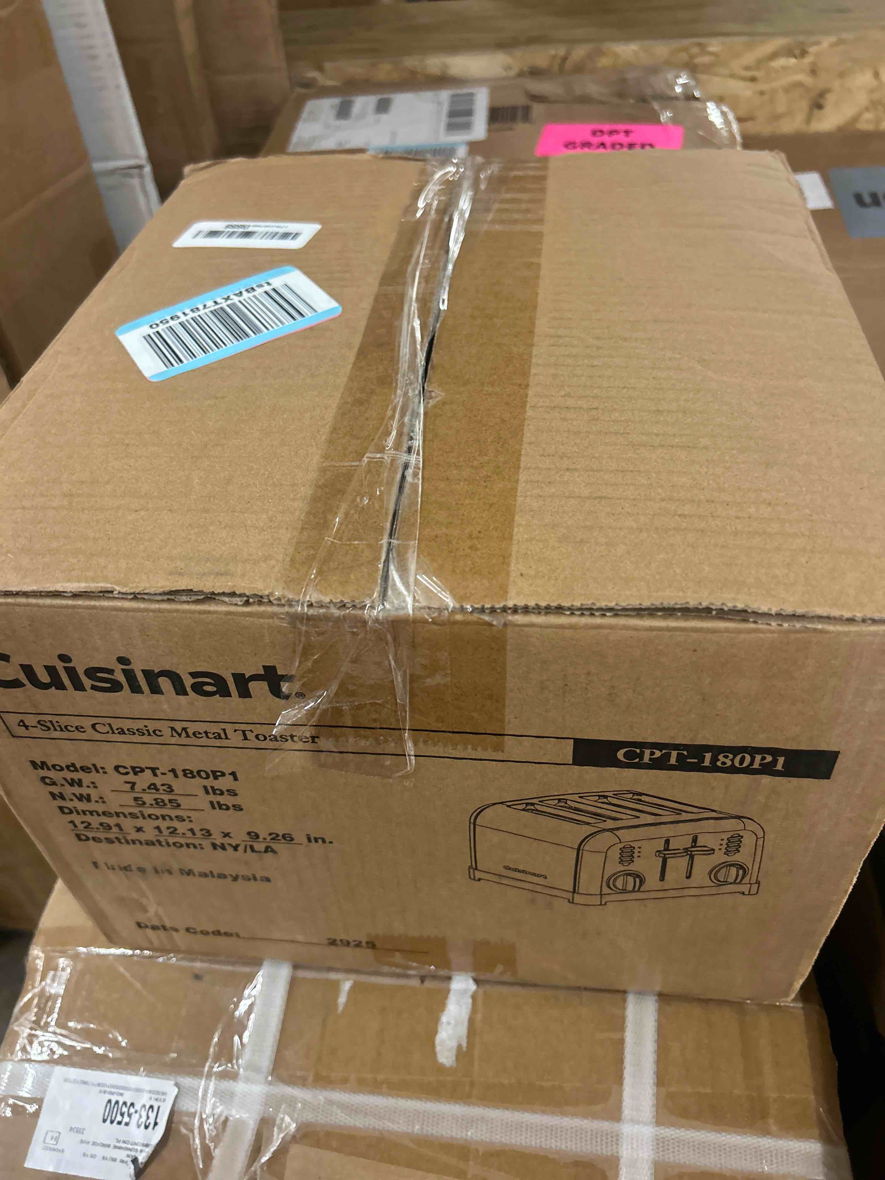 Condition photo showing New/Like New for cuisinart 4 slice compact stainless steel toaster with extra-wide slots for bread, french toast, bagels & pastries, defrost & reheat functions, cpt-180p1, brushed stainless, removable crumb tray