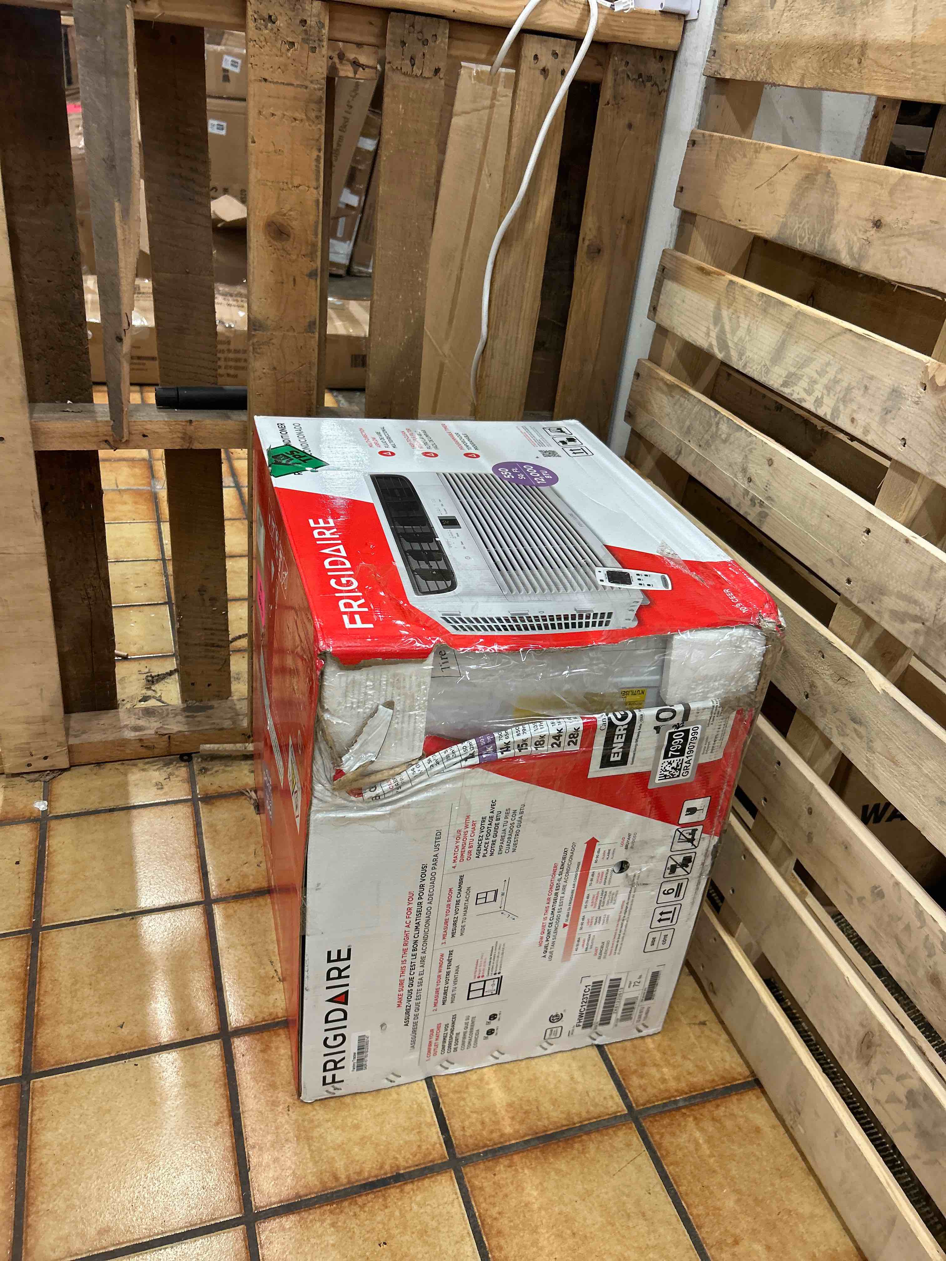 Condition photo showing New/Like New for frigidaire 12,000 btu window air conditioner with remote control, cools up to 550 sq. ft., quiet operation, eco mode, 3 fan speeds, auto restart, white