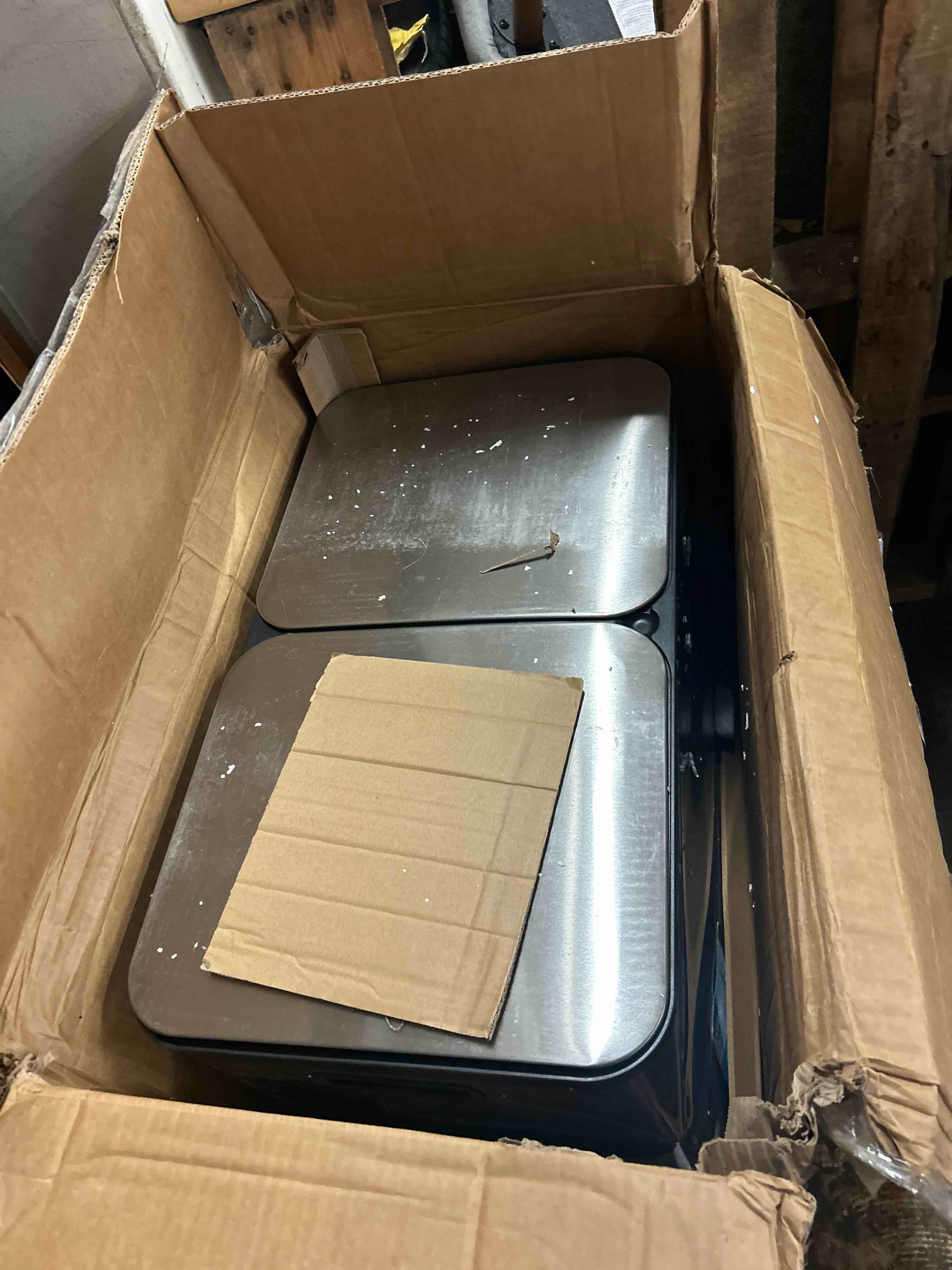Condition photo showing New/Like New for garvee double trash can, 2 x 10.6 gal (2 x 40 l) garbage can for kitchen dual compartment recycling kitchen step trash bin, stainless steel trash and recycle bin combo with soft-close lid,silver