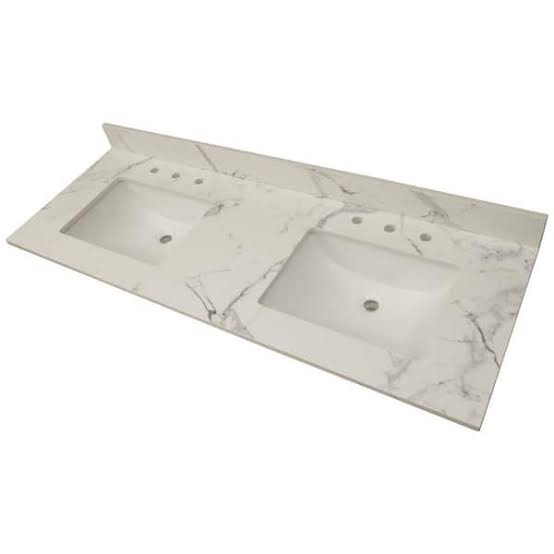 Condition photo showing New/Like New for msi calacatta nowy 61 in. w x 22 in. d engineered marble vanity top in white with white rectangle single sink