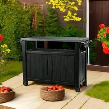 Condition photo showing New/Like New for keter unity xl portable outdoor table with stainless steel top for kitchen prep and outdoor storage cabinet for grilling accessories, dark grey