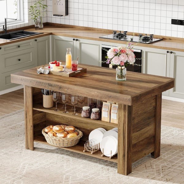 Condition photo showing New/Like New for halseey brown wood 55 in. kitchen island with storage, farmhouse stationary island table