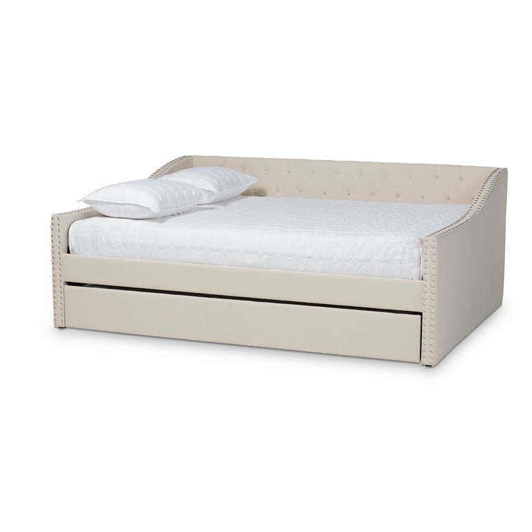 Condition photo showing New/Like New for baxton studio haylie beige upholstered full size daybed with roll-out trundle bed