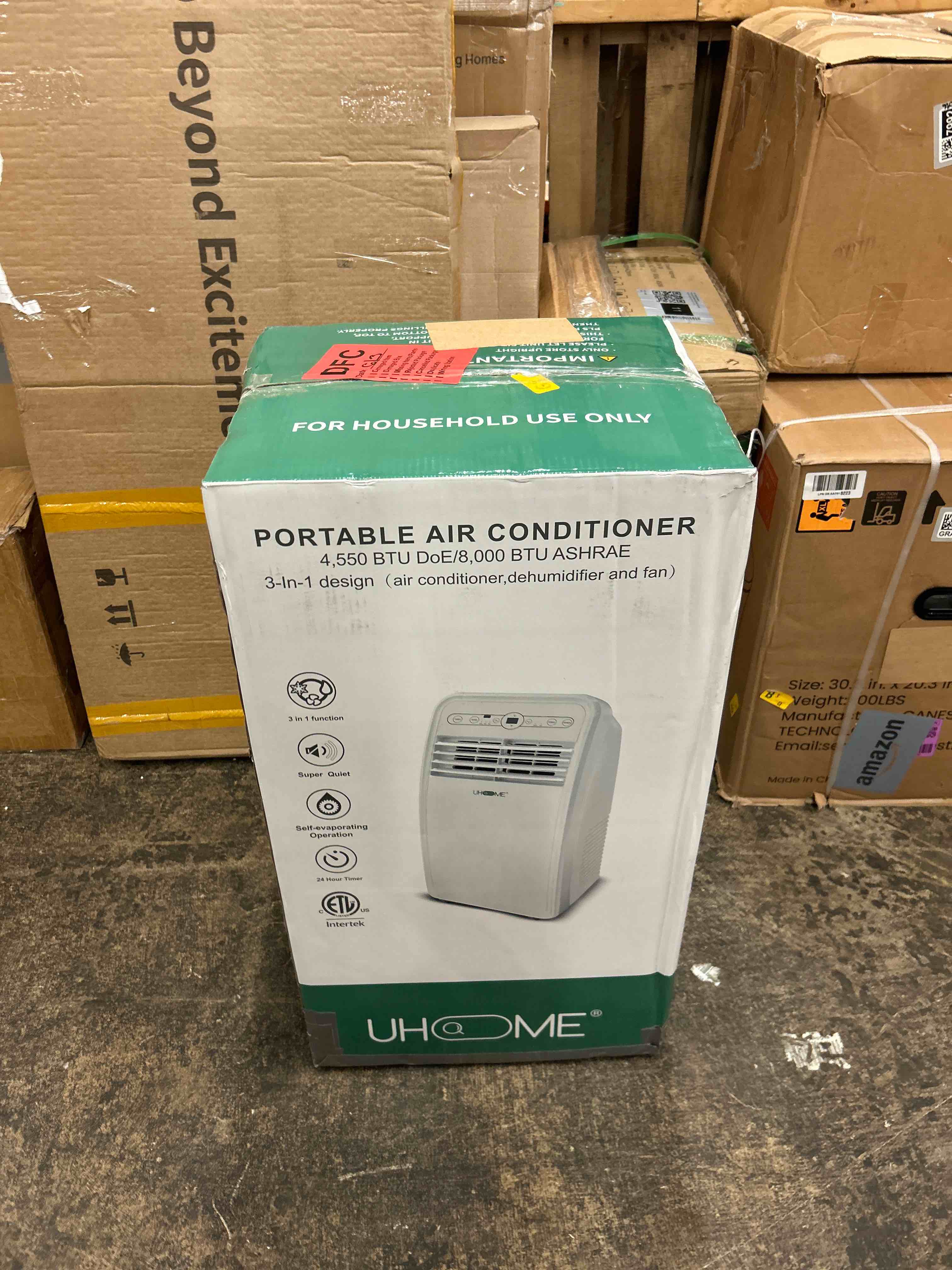 Condition photo showing New/Like New for uhome portable air conditioner, 8000 btu compact ac unit with cooling, dehumidifier, fan, remote control and window mount kit included, white