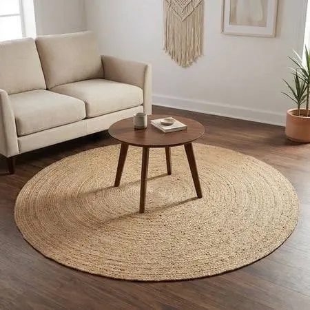 Condition photo showing New/Like New for hausattire hand woven jute braided rug, 5’ round – natural, reversible boho entry area rugs for kitchen, living room i farmhouse decorative floor rug, 5 feet round
