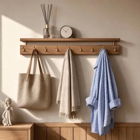 solid wood wall hooks with shelf, coat rack wall mount, entryway hanging shelf with 9 brass hooks for hats, clothes, towels, bags, beech wood, walnut