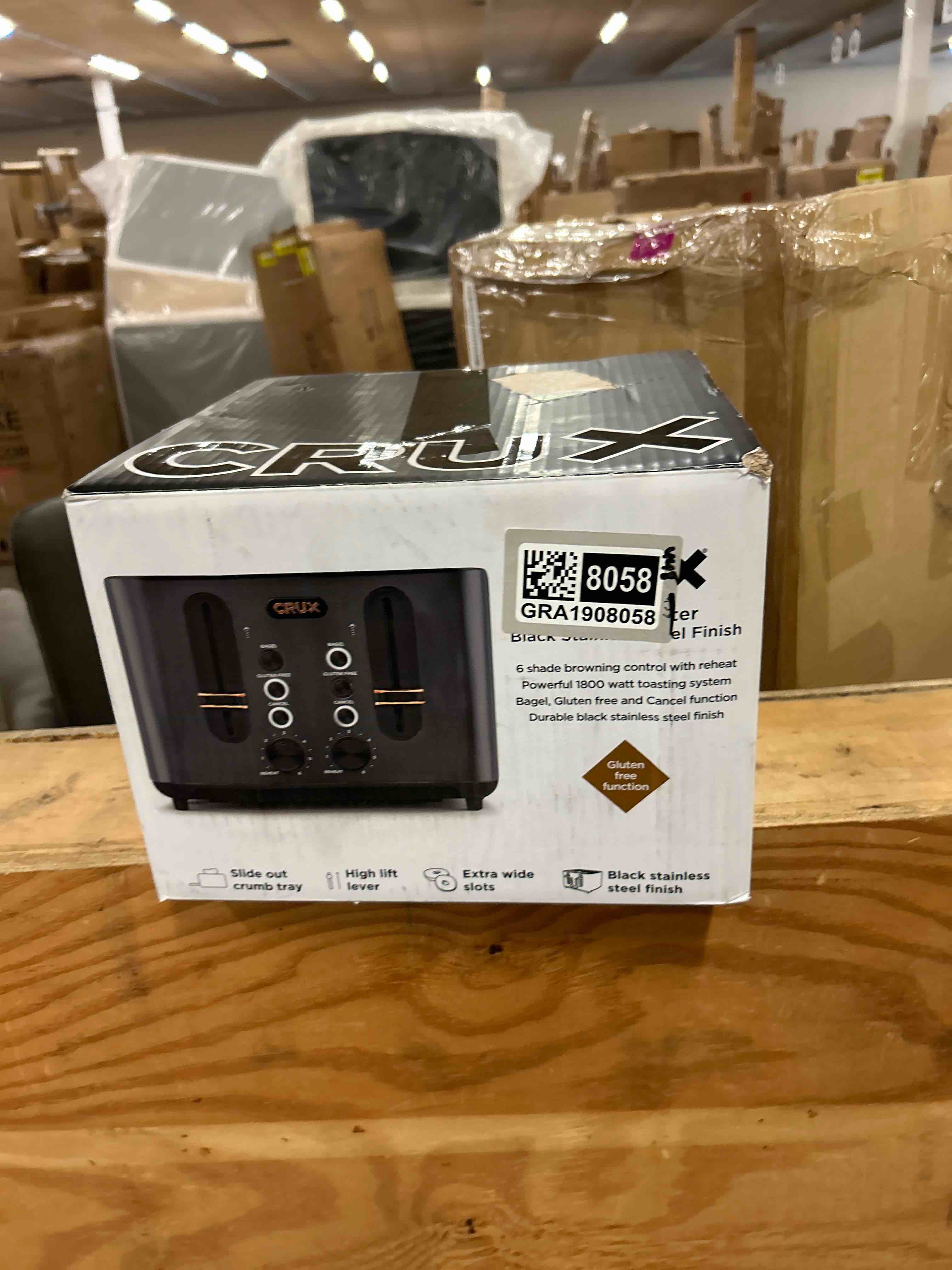 Condition photo showing New/Like New for crux 4-slice toaster with extra wide slots & 6 setting shade control, black stainless steel (b081b7shhm)