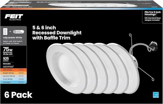 Condition photo showing New/Like New for feit electric led downlight retrofit kit with baffle trim, 75w equivalent, 5/6-inch dimmable recessed can light, adjustable white 2700k-5000k, 90+ cri, 50,000-hour lifetime, ledr56b/6wyca/mp/6