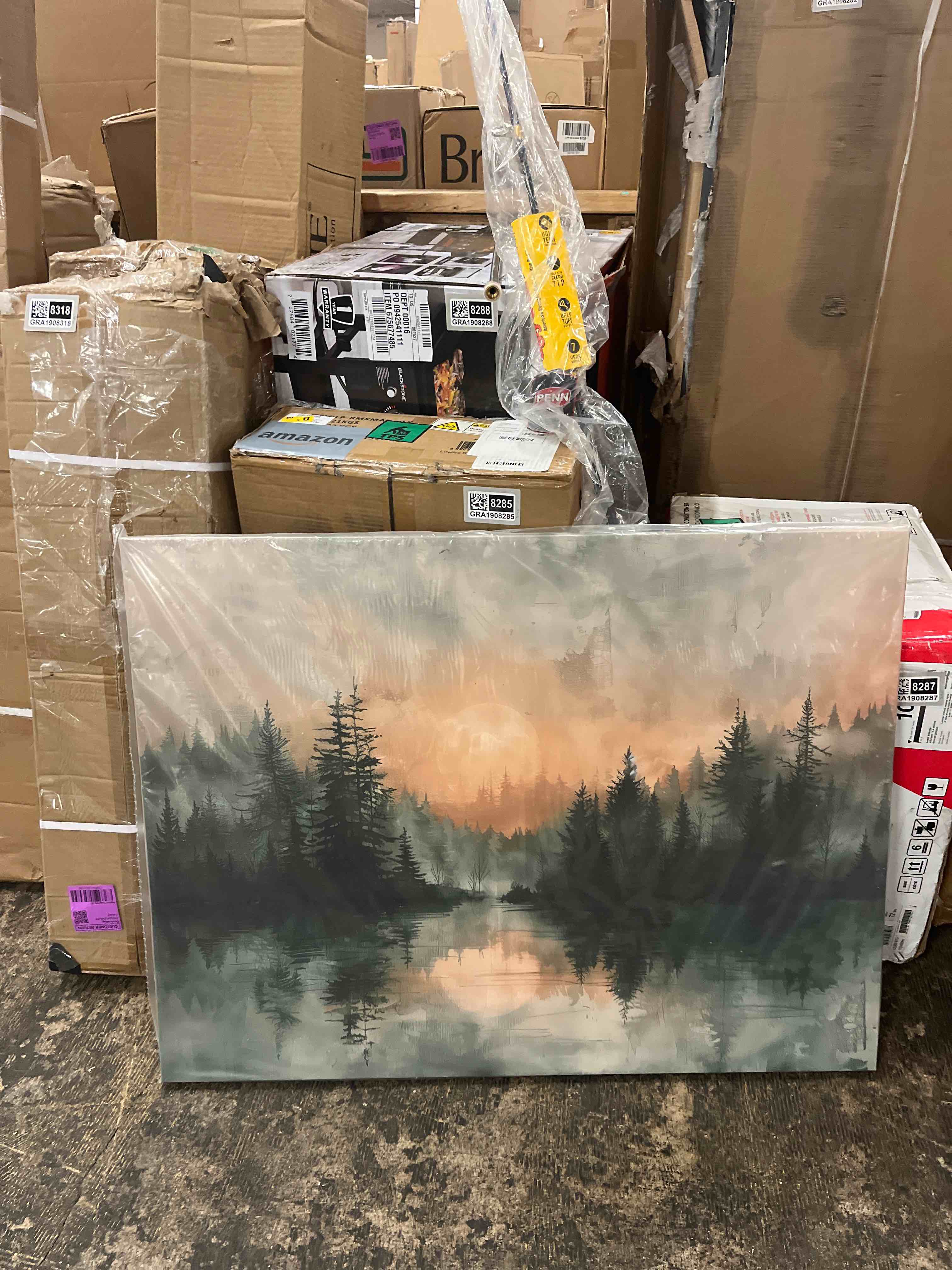 Condition photo showing New/Like New for lxznrqu sunset lake painting poster, forest lake wall art, abstract watercolor landscape wall decor, pine tree minnesota artwork minimalist wall art for living room (wrapped canvas,28×40 inch)