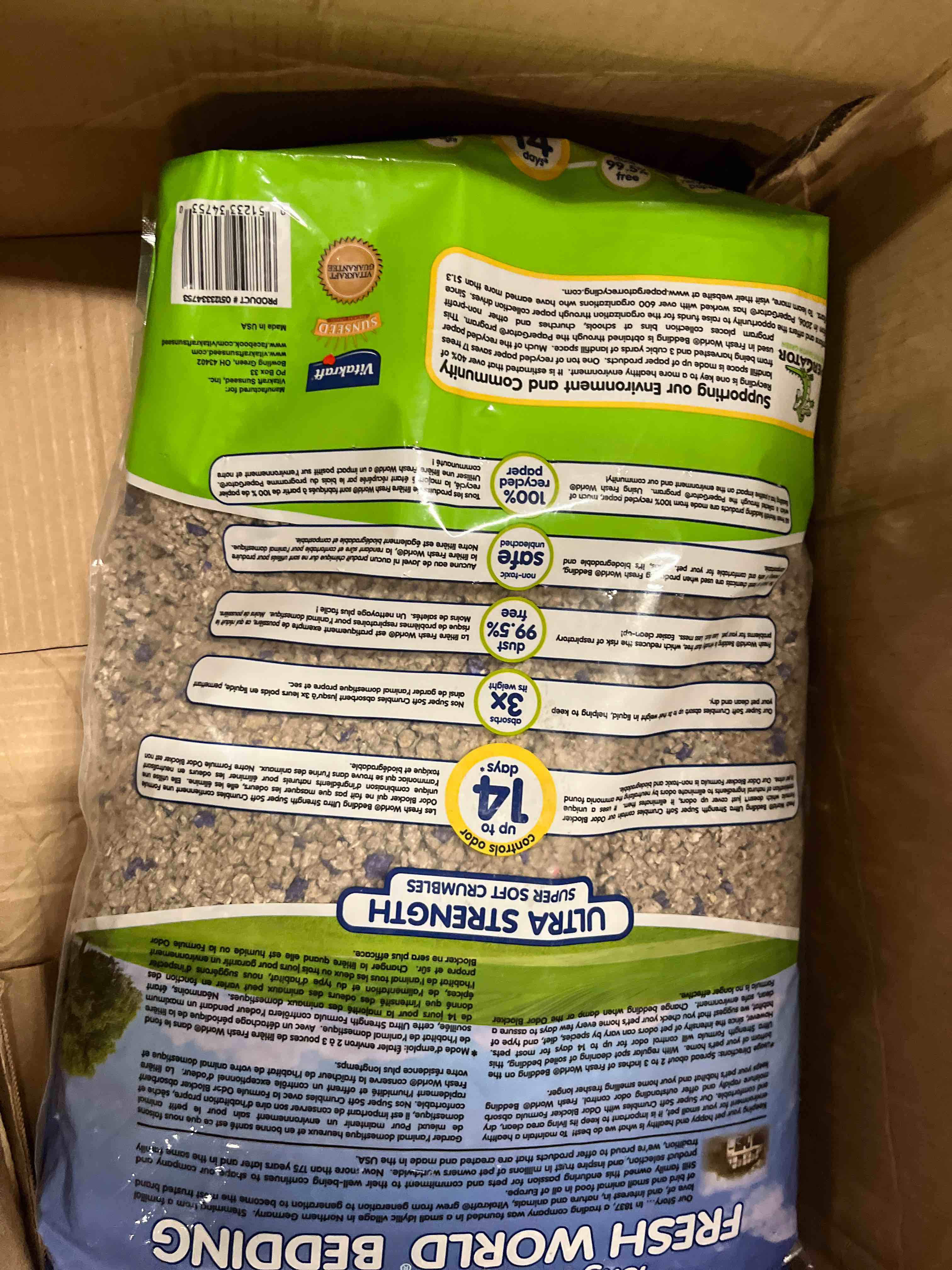 Condition photo showing New/Like New for vitakraft fresh world small animal bedding - ultra strength - pet bedding for litter boxes and cages (16 l),gray, 975 cu in