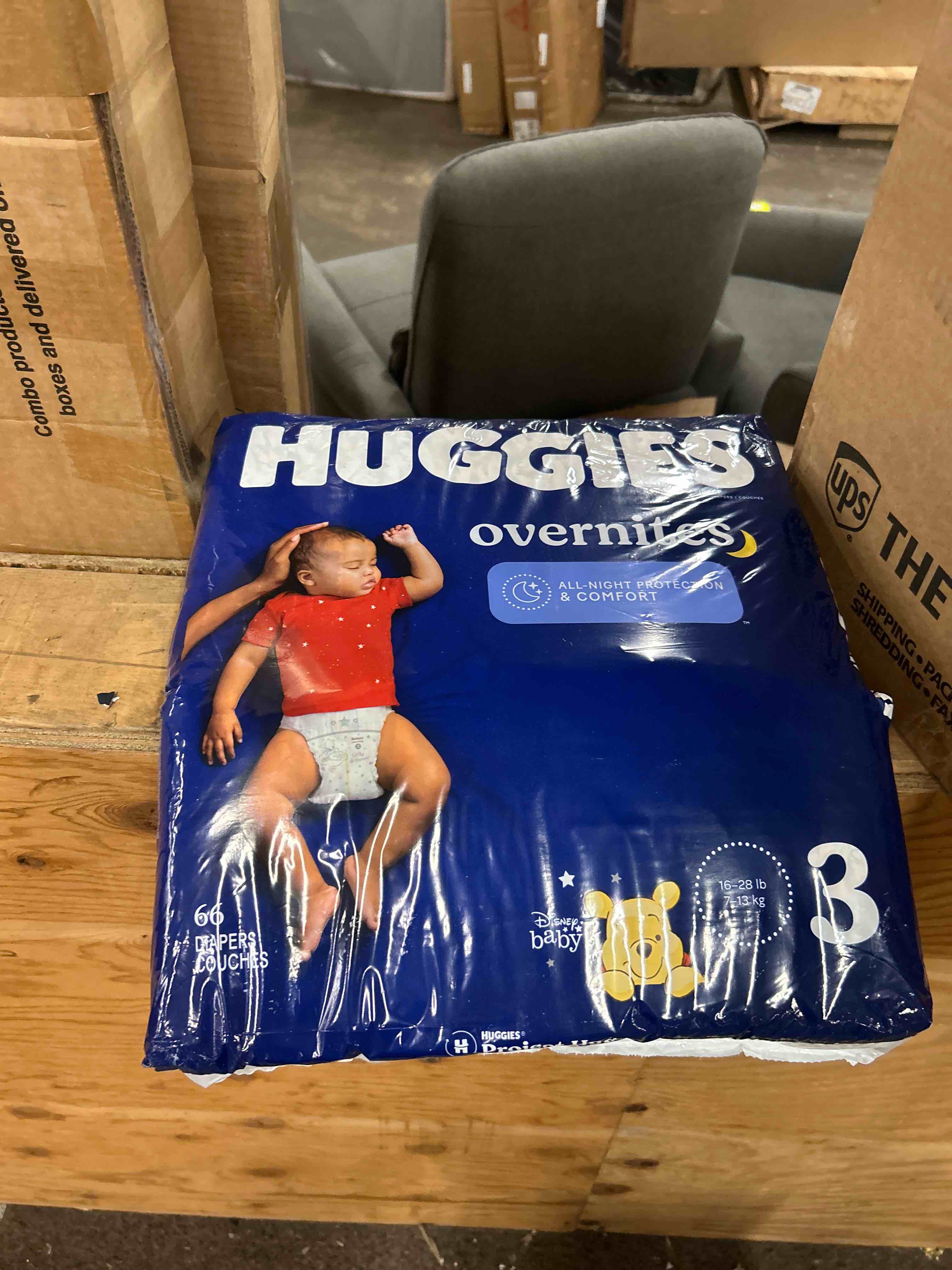 Condition photo showing New/Like New for huggies overnites diapers size 3, 132 count (2 packs of 66)