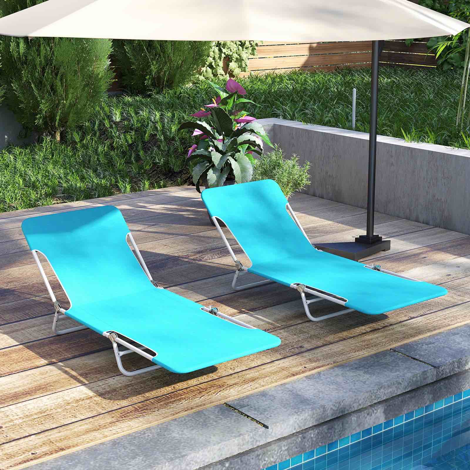 Condition photo showing New/Like New for 4 pieces 5-position lay flat beach recliner with carry strap and metal frame, turquoise (total of 4 chairs.)