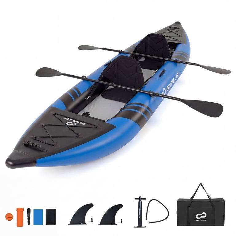 Condition photo showing New/Like New for goplus inflatable water float set portable 2-person kayak with aluminium oars eva padded seat blue
