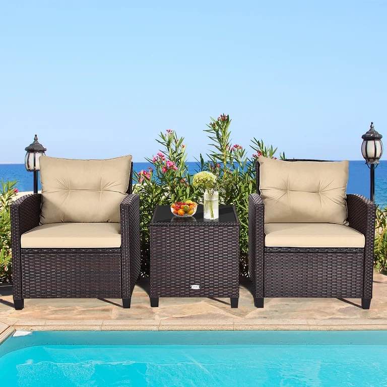 Condition photo showing New/Like New for patiojoy 3pcs wicker cushioned conversation set outdoor rattan furniture w/beige cushions