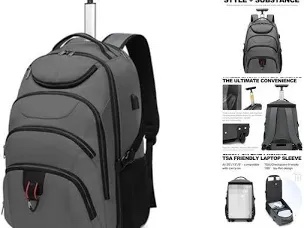 Boavan Rolling Backpack,17 inch Water Resistant Wheeled Backpack,Carry on Luggage Business Bag, Overnight College Computer Backpack Trolley Suitcase for Men Women Adults to Travel?Grey
