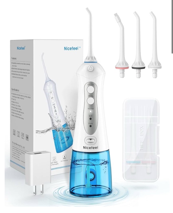 cordless water flosser teeth cleaner, nicefeel 300ml 2 tip cases portable and usb rechargeable oral irrigator for travel, ipx7 waterproof, 3-mode water flossing with 4 jet tips for home blue