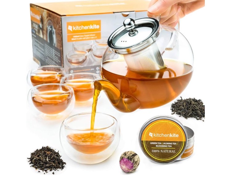 Glass Teapot Set with 4 Double Wall Teacups & Removable Stainless Steel Infuser - Microwave Dishwasher Safe Clear Blooming Loose Leaf Teas, Tea Maker Gift