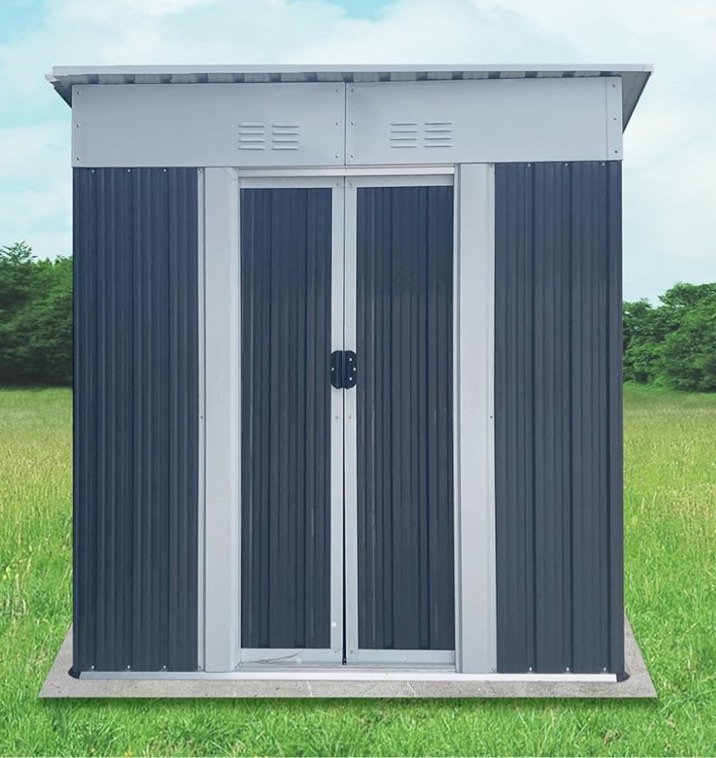 KEIKI 5x3 FT Outdoor Storage Shed with Pent Roof and Lockable Sliding Door, Small Waterproof Galvanized Steel Storage House with Aluminum Alloy Frame for Garden, Backyard, Patio, Lawn, Grey & White ( Incomplete) 