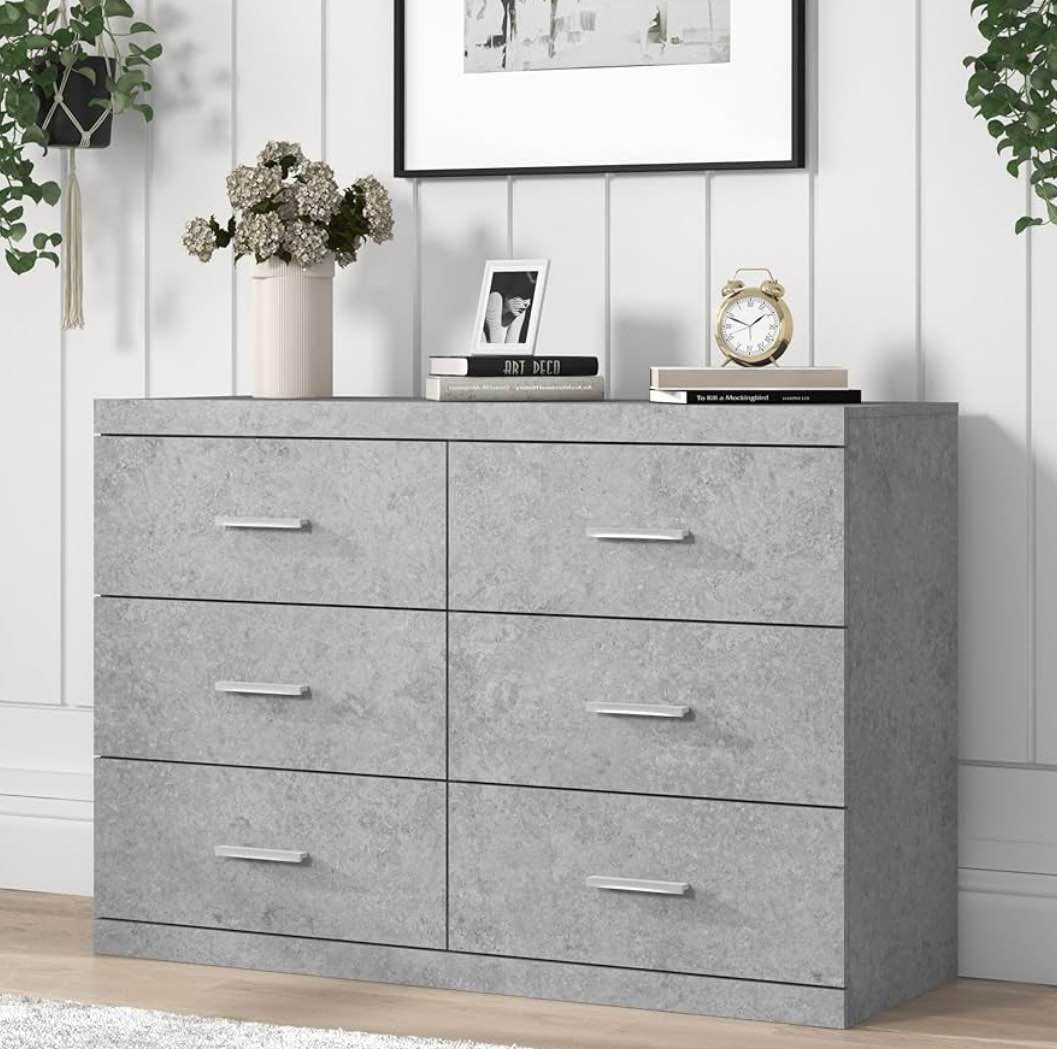 galano carmelo 6 drawer dresser with interlock – wooden chest of drawers for bedroom, nursery, kids closet organizer, wide storage cabinet, 46.5" w x 16.3" d x 31.7" h, concrete cool grey
