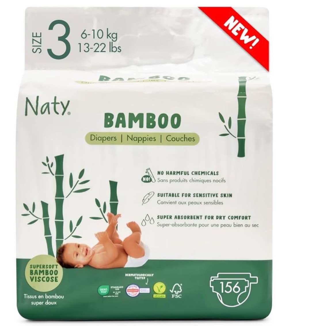 naty bamboo viscose baby diapers – silky soft, plant based, dermatologically tested for sensitive skin & super absorbent (size 3, 156 count)