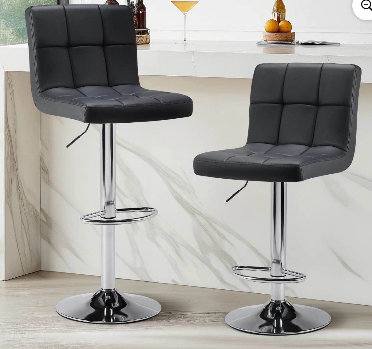 edx bar stools set of 2 with pu leather, swivel high back bar stools for kitchen island, bar stools, black
